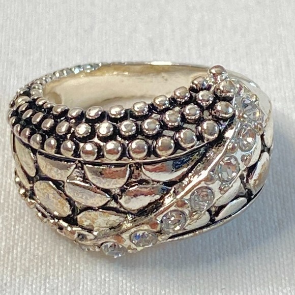 Ornate Silver Tone Ring Clear Stones Adjustable Stretch - Picture 3 of 9
